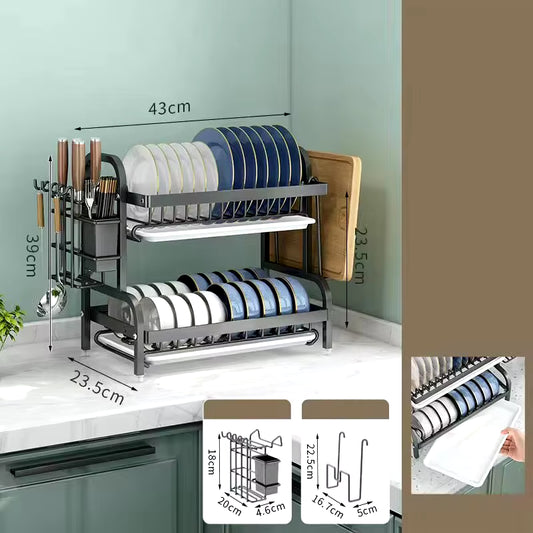 Dish Drying Rack 2-Tier Compact Kitchen Dish Rack Drainboard Set Large Rust-Proof Dish Drainer with Utensil Holder