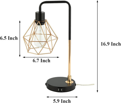 Touch Control Black Gold Table Lamp,Modern Industrial Desk Lamp with 2 USB Charging Ports,3-Way Dimmable Bedside Nightstand Vintage Metal Cage Reading Lamp for Bedroom Living Room Office Study