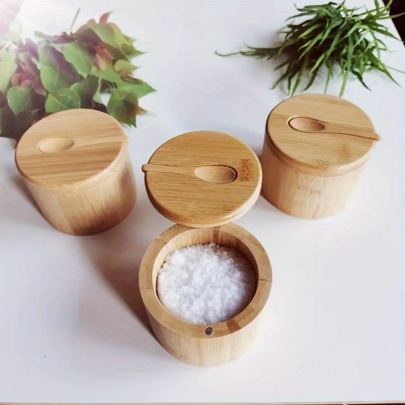 Salt Seasoning Jars Pepper Jar Bamboo Condiment Box Bowl Storage Pot Set Wood Sugar Container Holder Lid Function Multi Bowls