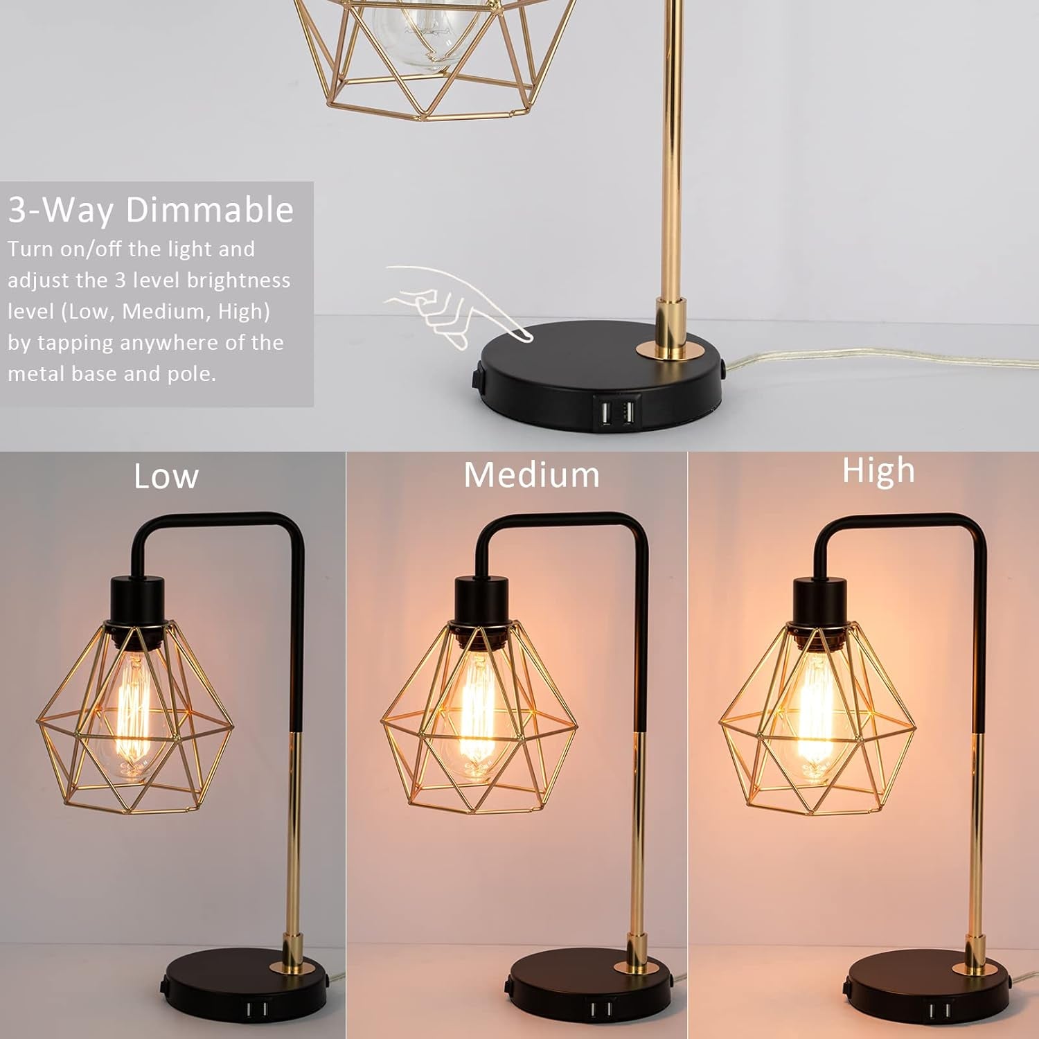 Touch Control Black Gold Table Lamp,Modern Industrial Desk Lamp with 2 USB Charging Ports,3-Way Dimmable Bedside Nightstand Vintage Metal Cage Reading Lamp for Bedroom Living Room Office Study