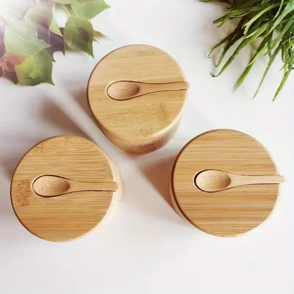 Salt Seasoning Jars Pepper Jar Bamboo Condiment Box Bowl Storage Pot Set Wood Sugar Container Holder Lid Function Multi Bowls