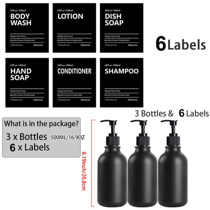 3 Pack 500Ml Soap Dispenser with Labels Kitchen Bathroom Shampoo Conditioner Bottles Hand Pump Empty Liquid Shower Gel Container