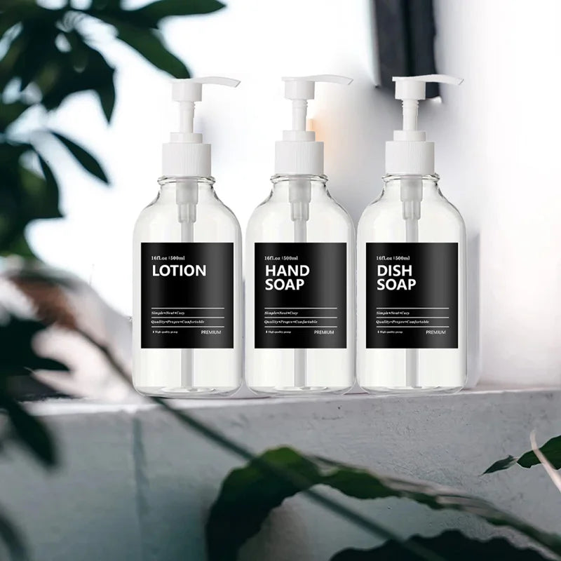 3 Pack 500Ml Soap Dispenser with Labels Kitchen Bathroom Shampoo Conditioner Bottles Hand Pump Empty Liquid Shower Gel Container