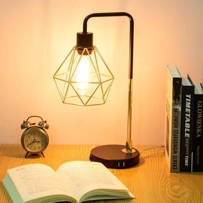 Touch Control Black Gold Table Lamp,Modern Industrial Desk Lamp with 2 USB Charging Ports,3-Way Dimmable Bedside Nightstand Vintage Metal Cage Reading Lamp for Bedroom Living Room Office Study