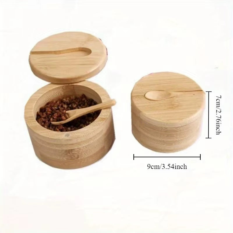 Salt Seasoning Jars Pepper Jar Bamboo Condiment Box Bowl Storage Pot Set Wood Sugar Container Holder Lid Function Multi Bowls