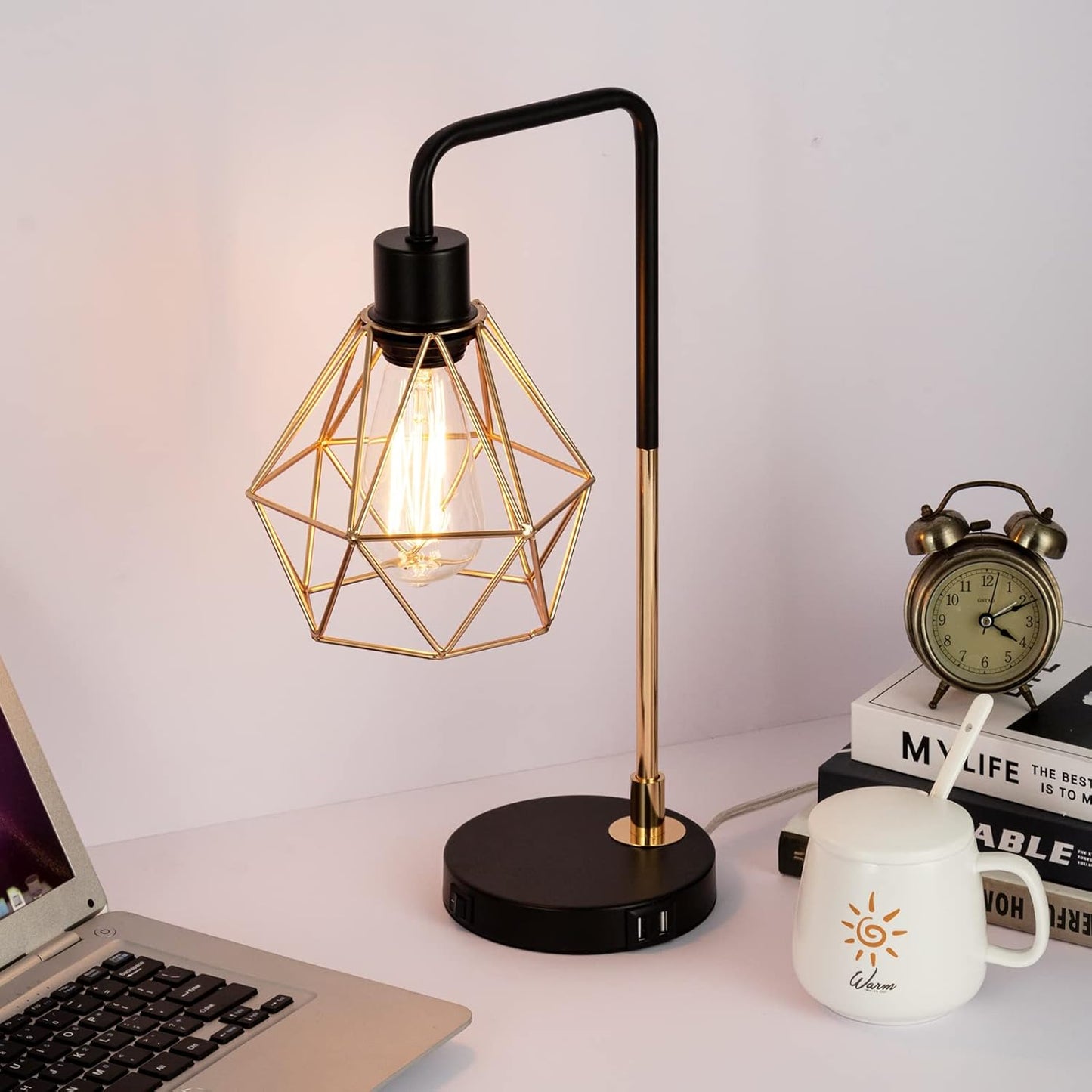 Touch Control Black Gold Table Lamp,Modern Industrial Desk Lamp with 2 USB Charging Ports,3-Way Dimmable Bedside Nightstand Vintage Metal Cage Reading Lamp for Bedroom Living Room Office Study